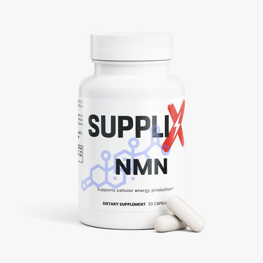 Suppli-X Fuel Your Edge NMN Spezialnahrungsergänzungsmittel mit blauem Etikett und Produktname auf weißem Hintergrund