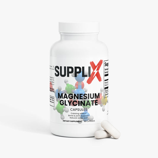 Suppli-X Magnesiumglycinat Flasche mit Etikett, Nahrungsergänzungsmittel, Vitamine und Mineralien, natürlicher Mineralstoff.