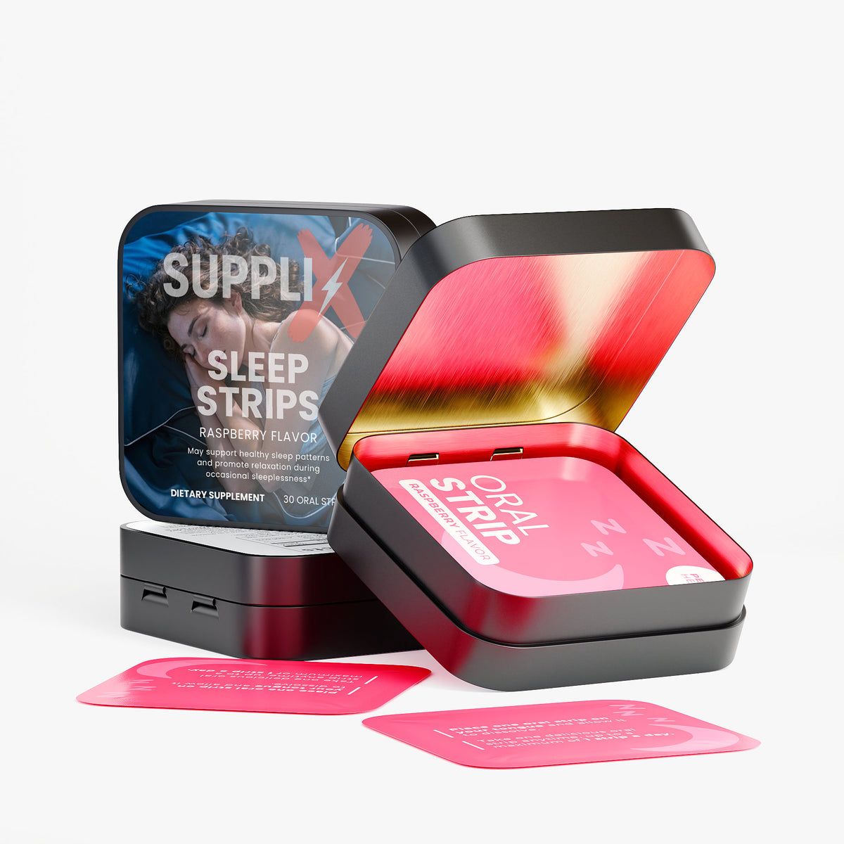 SUPPLI-X sleep support fast-dissolve strips product image for calm nighttime rest and relaxation - label detail view