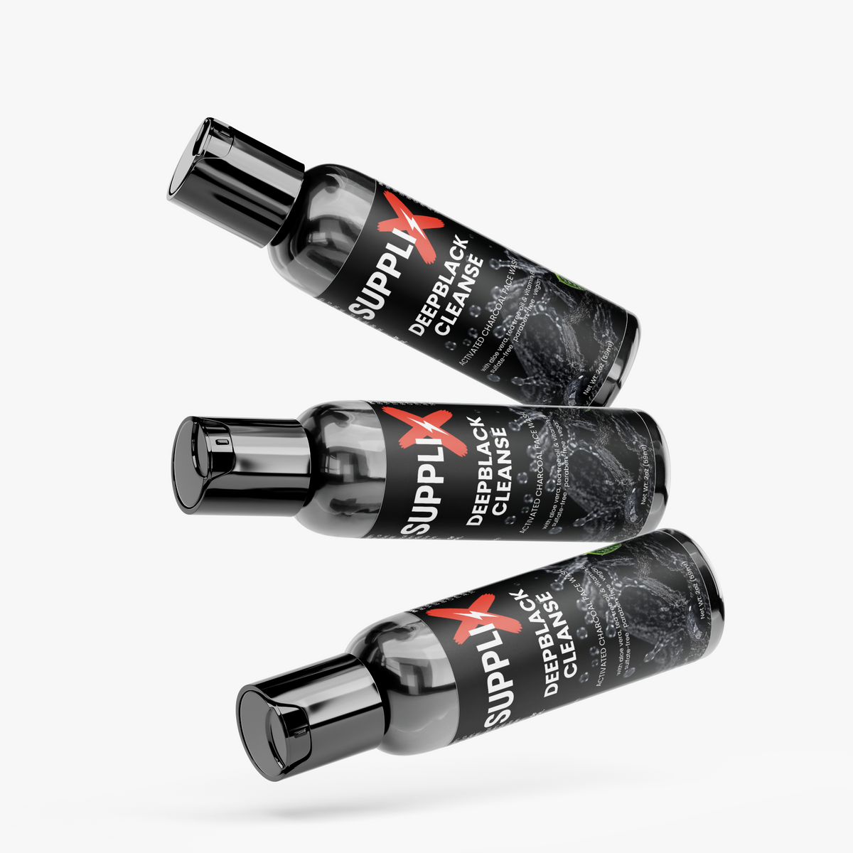 SUPPLI-X DeepBlack Cleanse charcoal face wash bottles, two angles showing label and ingredients