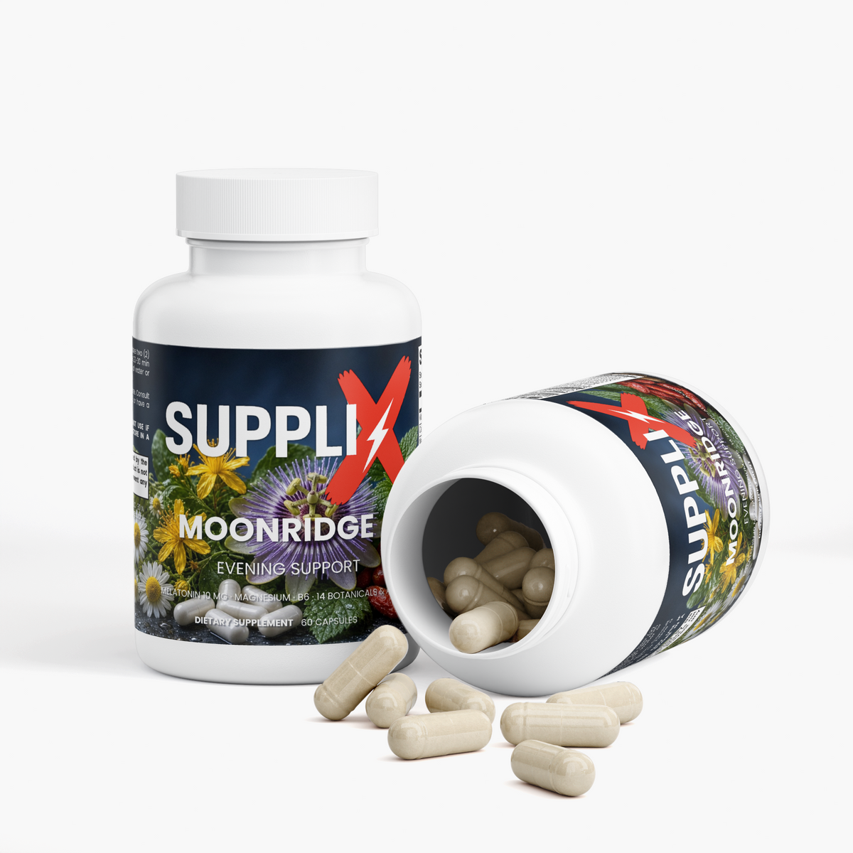SUPPLI-X Moonridge Evening Support – open bottle with vegetable capsules