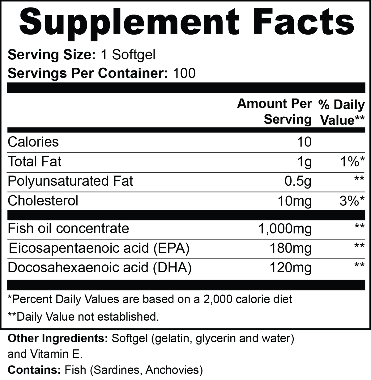 SUPPLI-X DeepSea Omega-3 – Supplement Facts panel: fish oil concentrate 1,000 mg, EPA 180 mg, DHA 120 mg, 100 servings