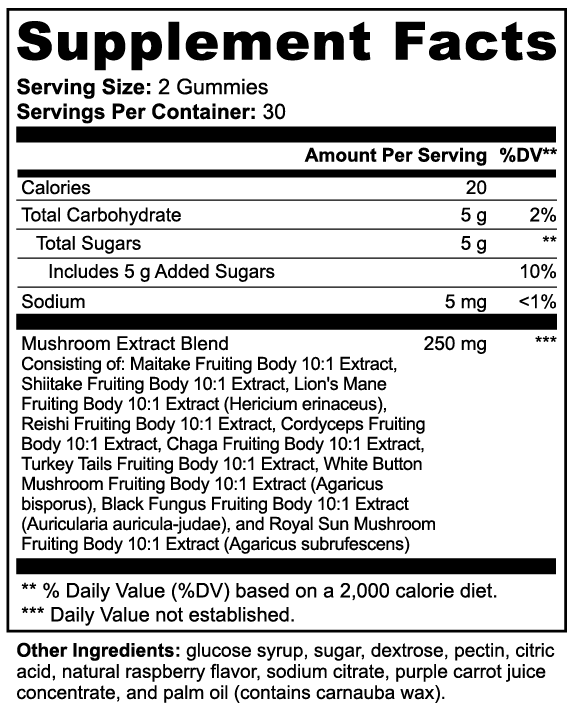 SUPPLI-X MycoForge Mushroom Gummies | 10-Mushroom Extract Complex | Raspberry | 60 Gummies