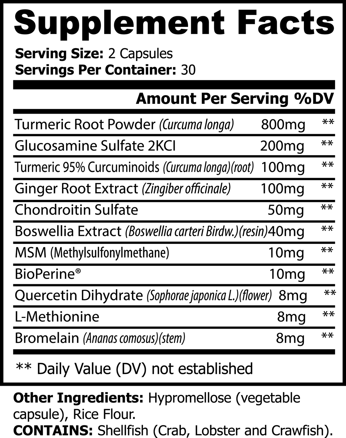 SUPPLI-X Platinum Turmeric Supplement Facts label