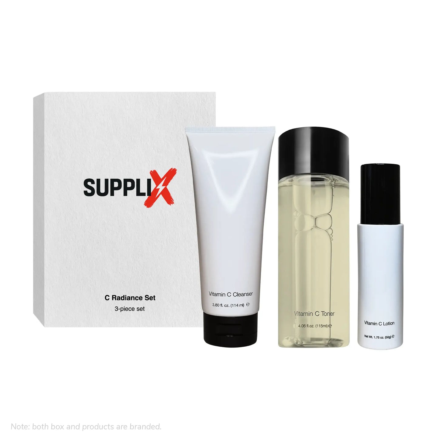 Bright orange SUPPLI-X C Radiance Set bottles with Vitamin C Cleanser, Toner, and Lotion, infused with Jojoba esters and Gree