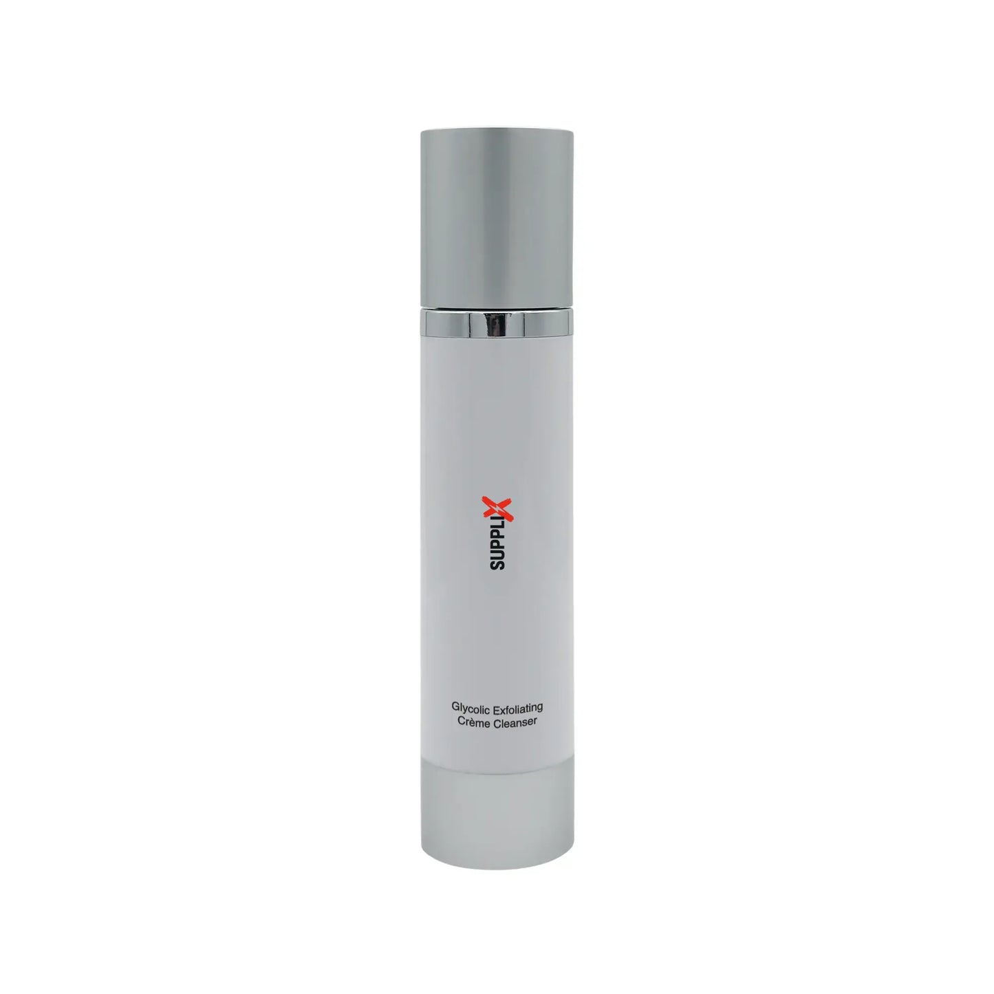 Clear bottle of SUPPLI-X Glycolic Exfoliating Cleanser featuring glycolic acid for gentle exfoliation, infused with soothing