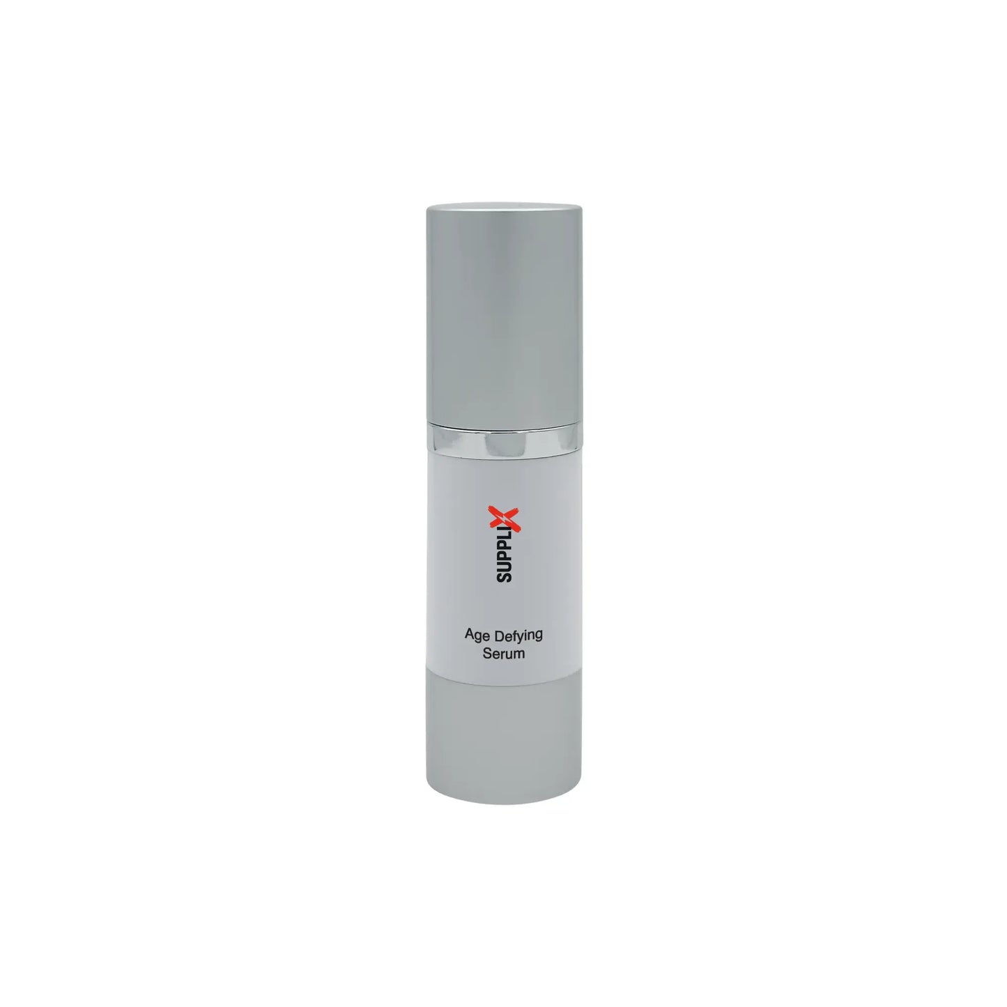 Clear glass bottle of SUPPLI-X Age Defying Serum featuring squalane and hydrolyzed soy protein for deep hydration and wrinkle