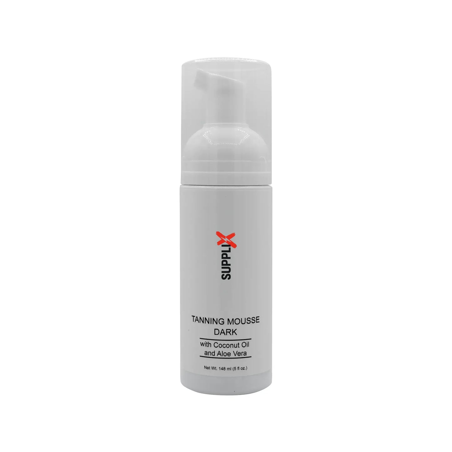 Sleek bottle of SUPPLI-X Dark Tanning Mousse on a tropical backdrop, showcasing effortless application for a deep, natural br
