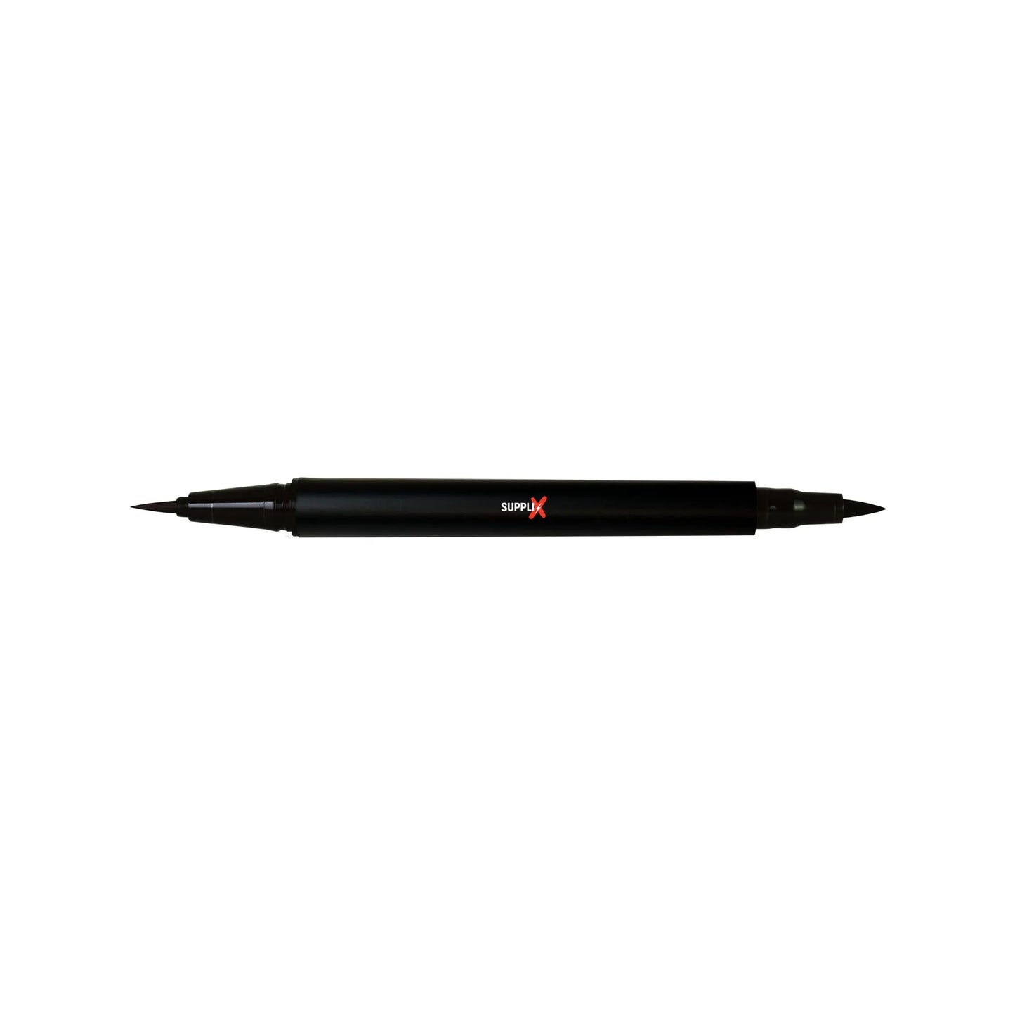 Jet-black dual tip eye definer pen featuring fine brush for sharp lines and felt tip for dramatic wings, vegan smudge-proof f