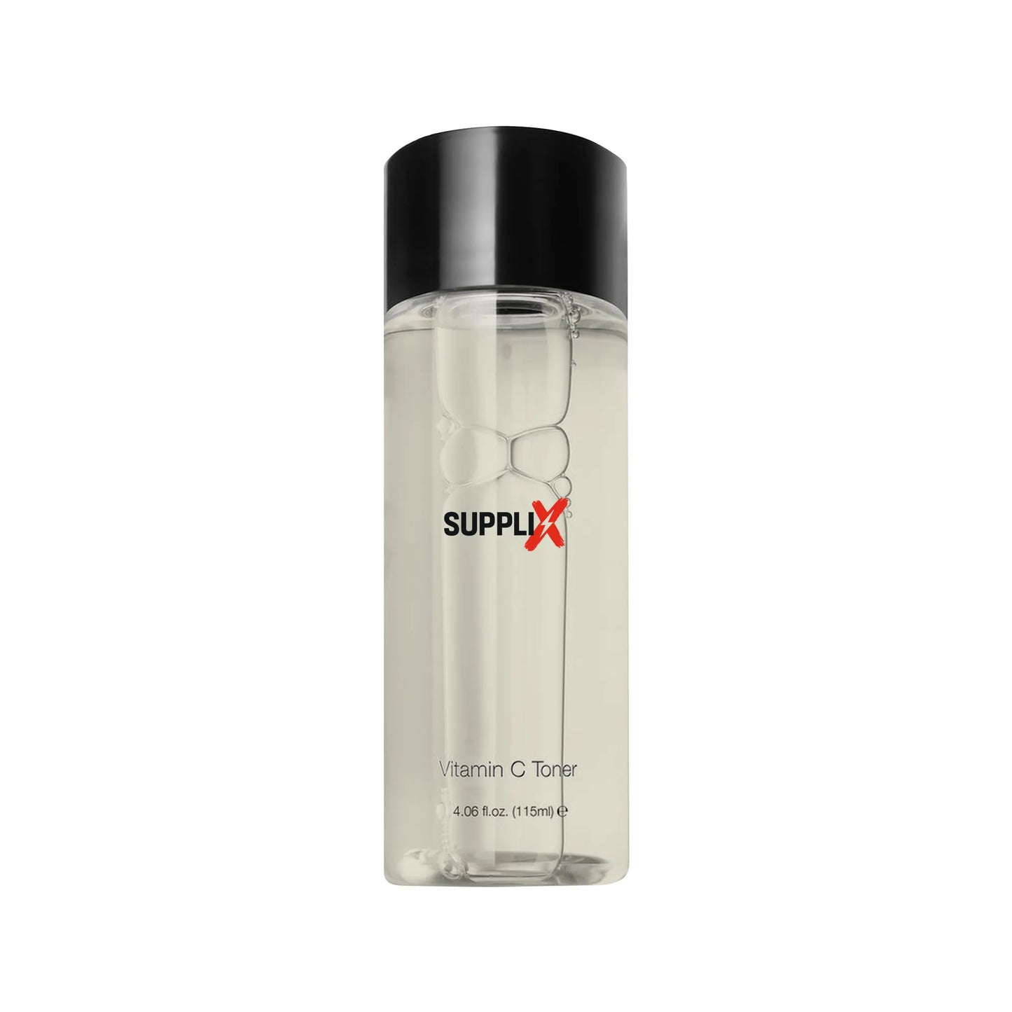 Clear bottle of SUPPLI-X Vitamin C Toner featuring hydrating formula with brightening vitamin C, green tea extracts, witch ha