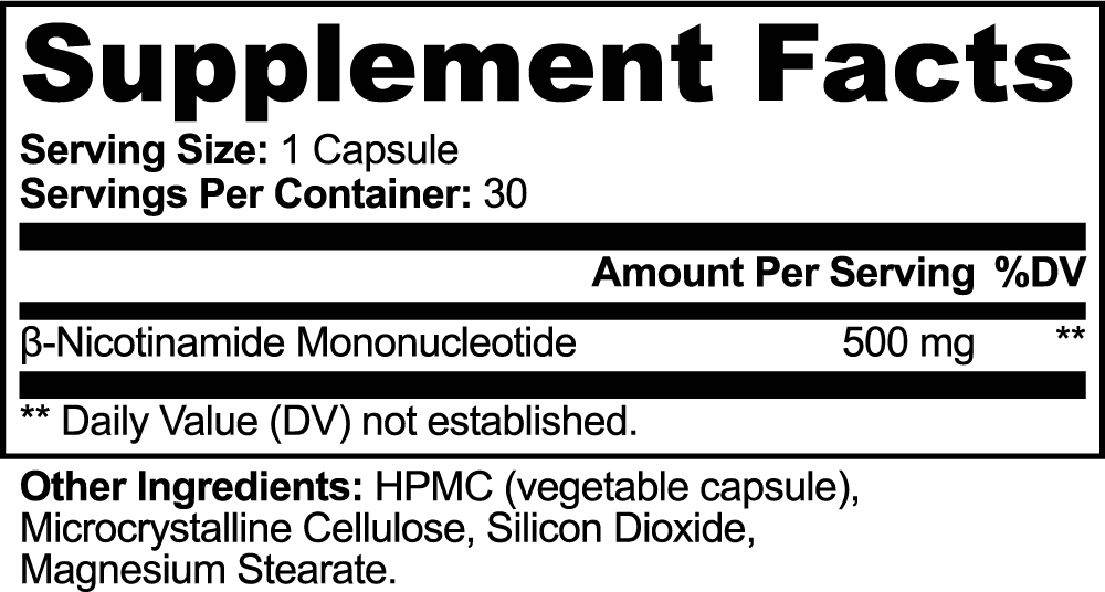 SUPPLI-X NMN 500mg – Supplement Facts label: 500 mg β-Nicotinamide Mononucleotide per capsule, 30 servings