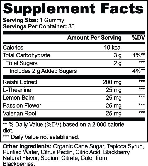 SUPPLI-X CalmForge Reishi Gummies Supplement Facts: reishi extract 200 mg, L-theanine, lemon balm, passion flower and valerian root 25 mg each per gummy