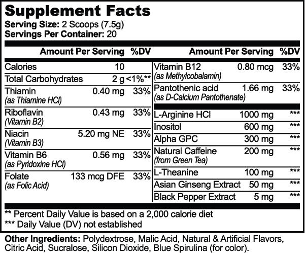 SUPPLI-X Focus Powder Sour Gummi Worm Supplement Facts – 300mg Alpha-GPC, 200mg natural caffeine, 100mg L-Theanine per 2 scoops