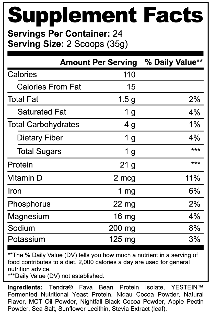 SUPPLI-X PlantForge Vegan Protein Chocolate Supplement Facts – 21g protein, 110 calories per 2 scoops