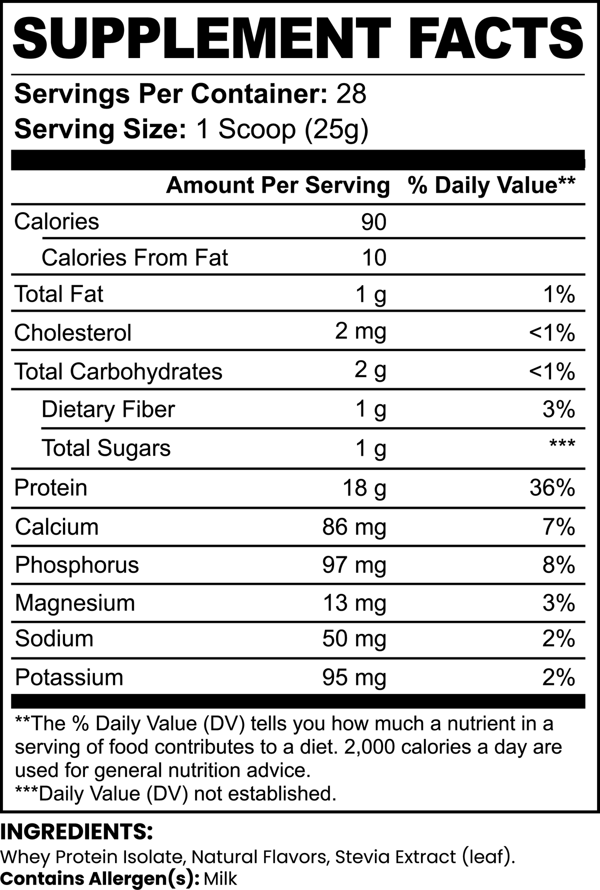 SUPPLI-X TriForge Whey Isolate Chocolate Supplement Facts – 18g protein, 90 calories per scoop
