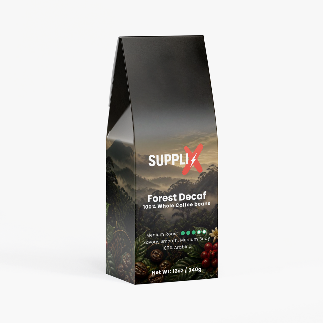 SUPPLI-X Forest Decaf Swiss Water Process decaf whole bean coffee, 12 oz bag