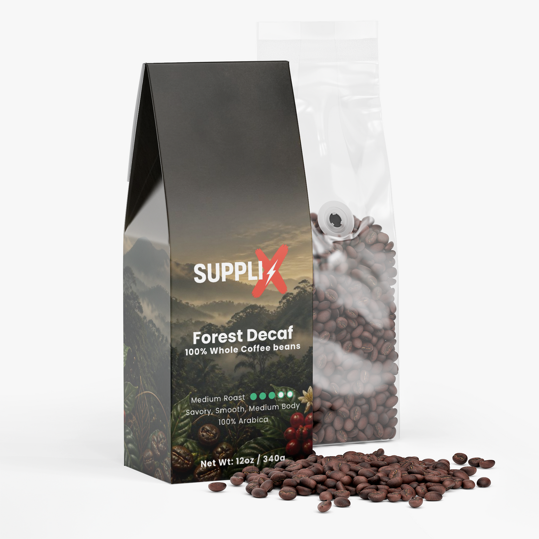 SUPPLI-X Forest Decaf Swiss Water Process decaf coffee next to regular coffee