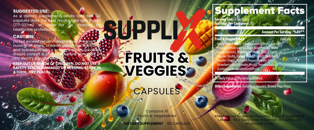 SUPPLI-X Fruits & Veggies Capsules with 10 whole-food fruit and vegetable concentrates including beet root, blueberry, tomato and apple fiber