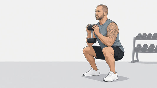 Illustration of a man doing a goblet squat, holding one dumbbell vertically against his chest (AI-generated illustration)