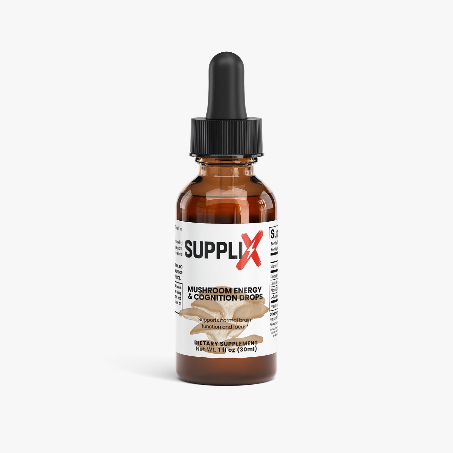 Suppli-X Mushroom Energy & Cognition Tropfen, Produktetikett mit Pilz- und Energie-Design auf Flasche, Nahrungsergänzungsmittel