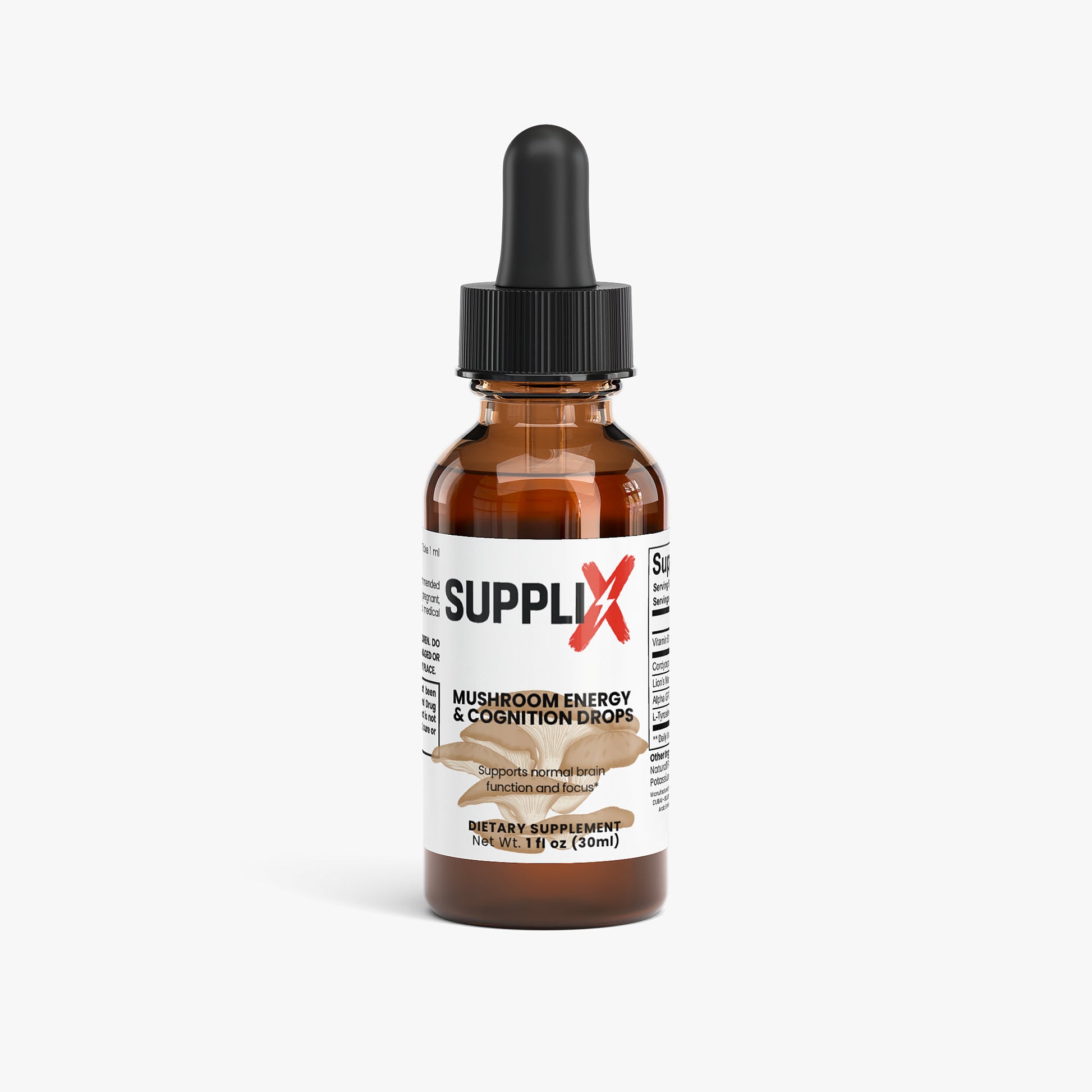 Suppli-X Mushroom Energy & Cognition Tropfen, Produktetikett mit Pilz- und Energie-Design auf Flasche, Nahrungsergänzungsmittel
