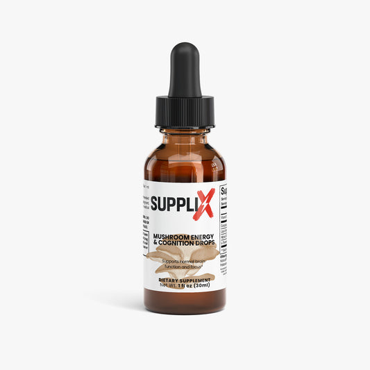 Suppli-X Mushroom Energy & Cognition Tropfen, Produktetikett mit Pilz- und Energie-Design auf Flasche, Nahrungsergänzungsmittel