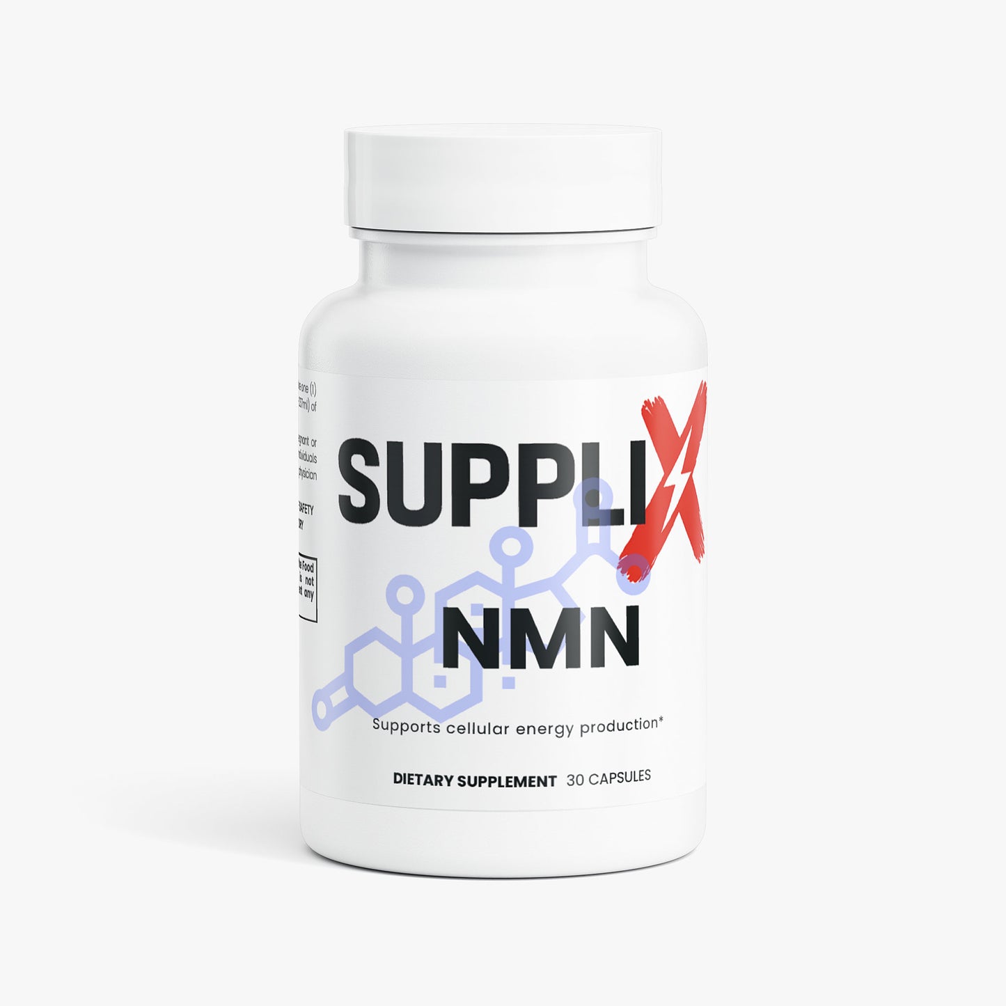 Nährstoffspezialpräparat SUPPLI-X NMN in Flasche mit Label, vitaminreicher Nahrungsergänzung für Energie und Wohlbefinden.