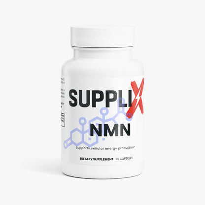 Nährstoffspezialpräparat SUPPLI-X NMN in Flasche mit Label, vitaminreicher Nahrungsergänzung für Energie und Wohlbefinden.