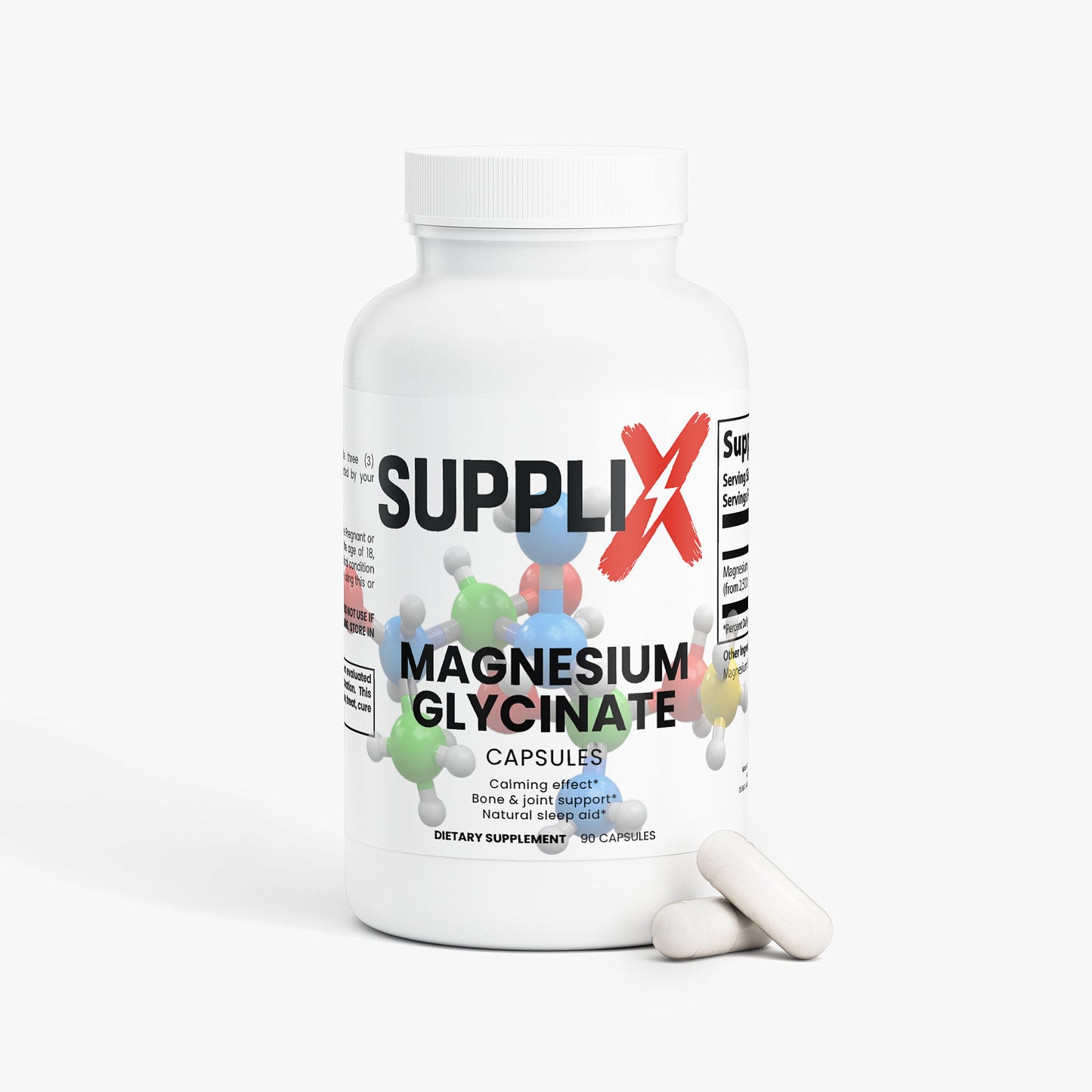 Suppli-X Magnesiumglycinat Flasche mit Etikett, Nahrungsergänzungsmittel, Vitamine und Mineralien, natürlicher Mineralstoff.