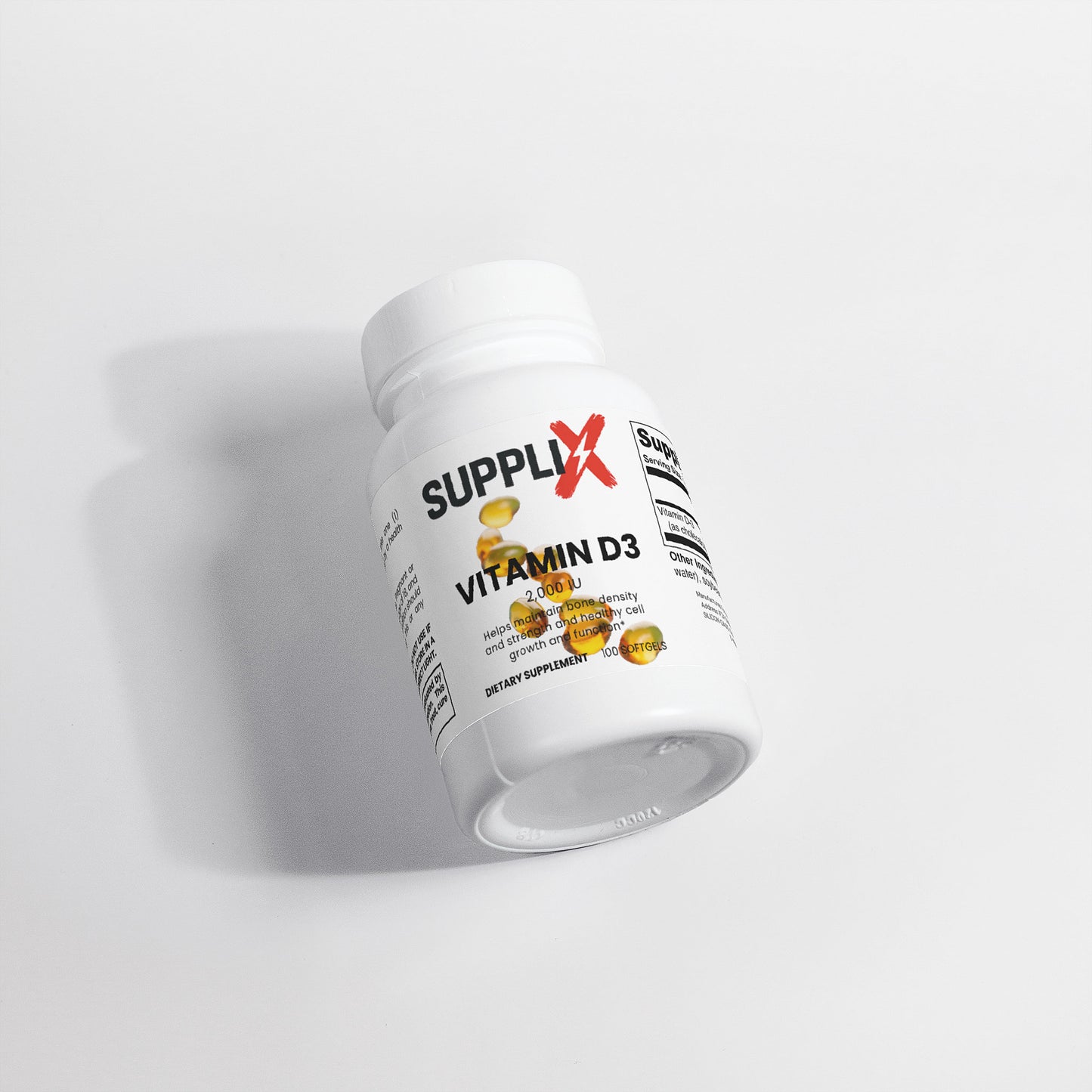 Vitamin D3 2000 IU von Suppli-X Fuel Your Edge, Nahrungsergänzungsmittel in Flasche mit Etikett, Vitamin- und Mineralstoff.
