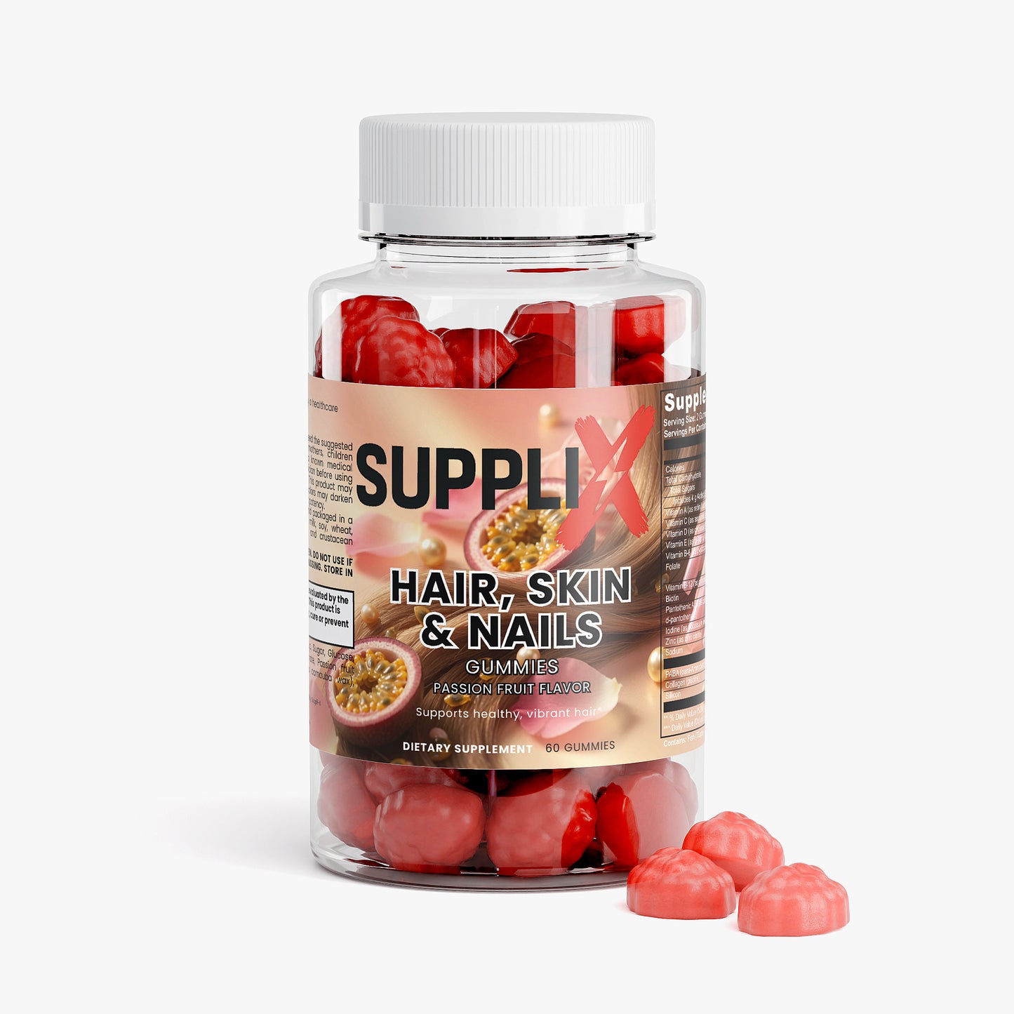 SUPPLI-X Hair, Skin & Nails Gummies | Biotin, Collagen, Vitamins A C D E | 60 Gummies