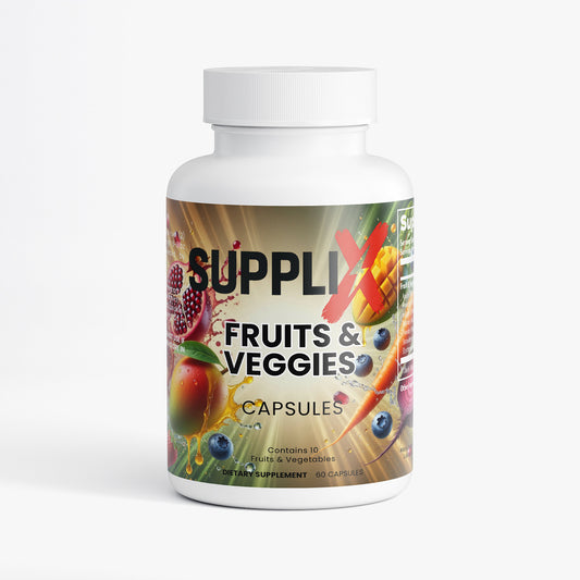 SUPPLI-X Fruits & Veggies supplement bottle with beet root, blueberry, tomato and apple fiber