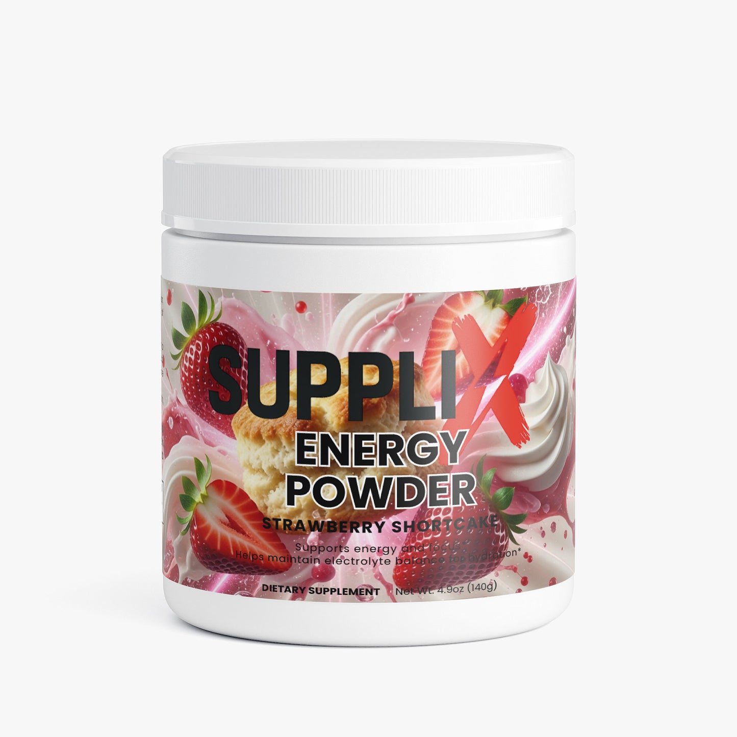 SUPPLI-X Energy Powder | Natural Caffeine, L-Theanine, Taurine & Electrolytes | Strawberry Shortcake | 140g