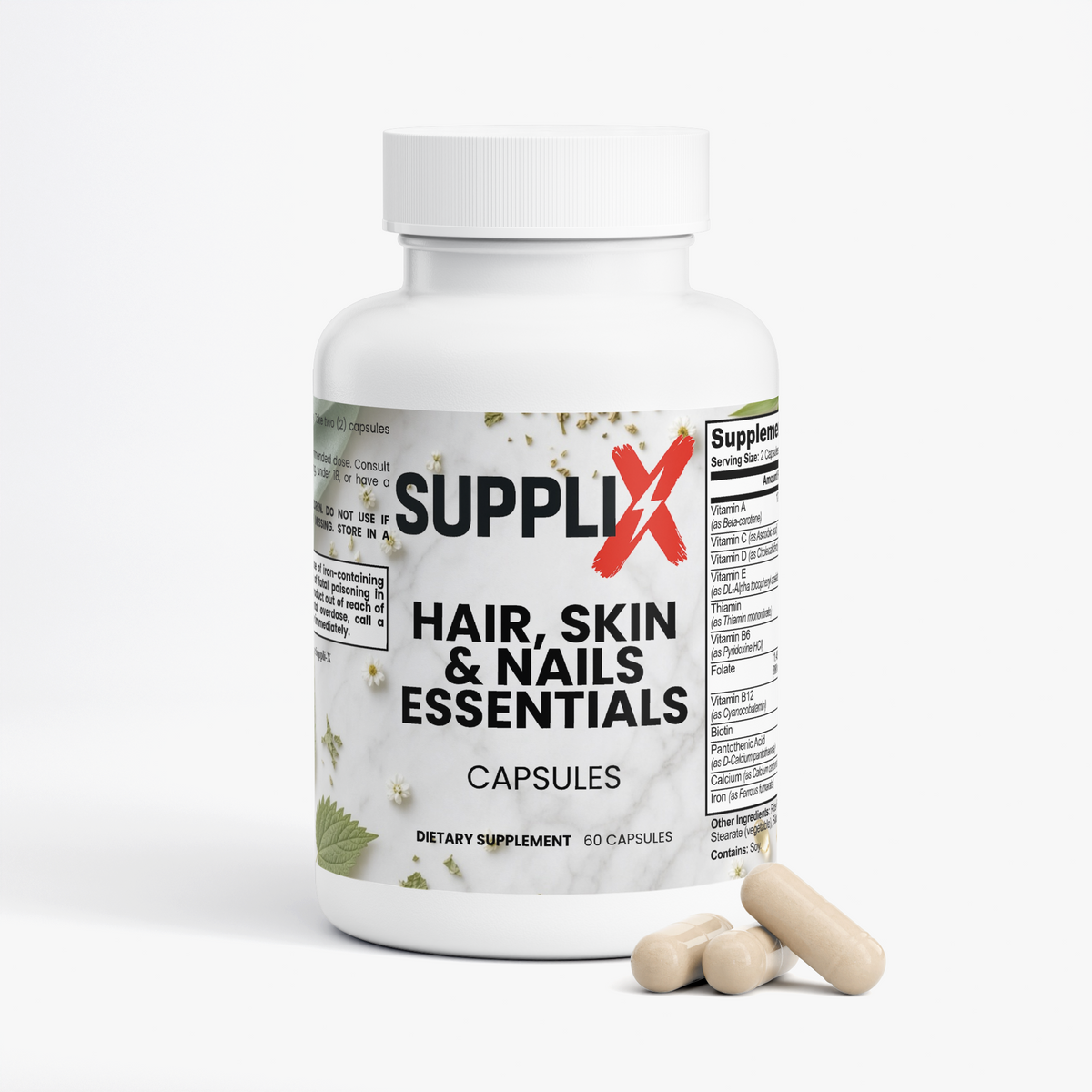 SUPPLI-X Hair, Skin & Nails Essentials bottle with biotin capsules