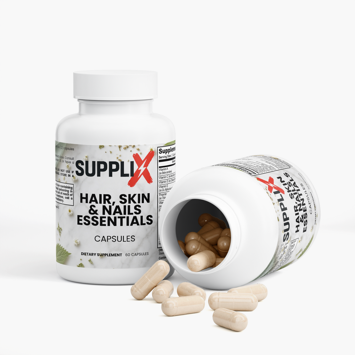 SUPPLI-X Hair, Skin & Nails Essentials open bottle with hair, skin and nails vitamin capsules