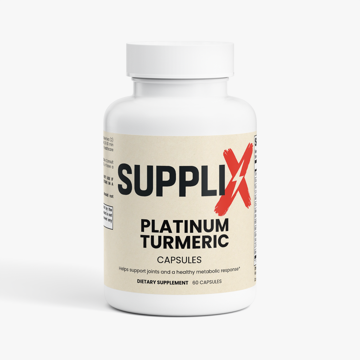 SUPPLI-X Platinum Turmeric curcumin supplement bottle, 60 capsules
