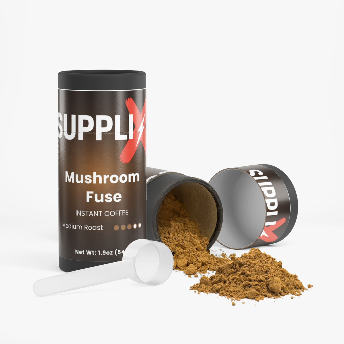 SUPPLI-X Lion's Mane mushroom coffee tube with scoop, medium roast instant coffee