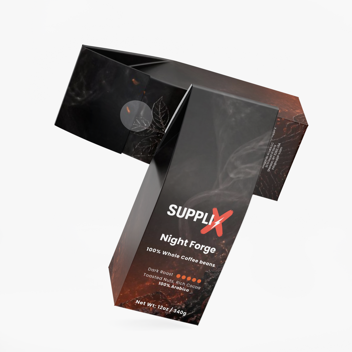 SUPPLI-X Night Forge coffee bag label, roasted in the USA