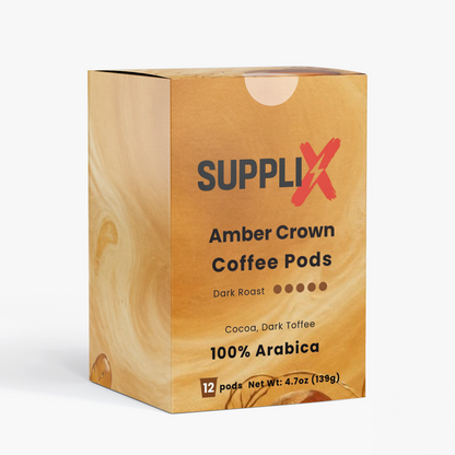 SUPPLI-X Amber Crown Keurig-compatible coffee pods with cocoa and dark toffee notes