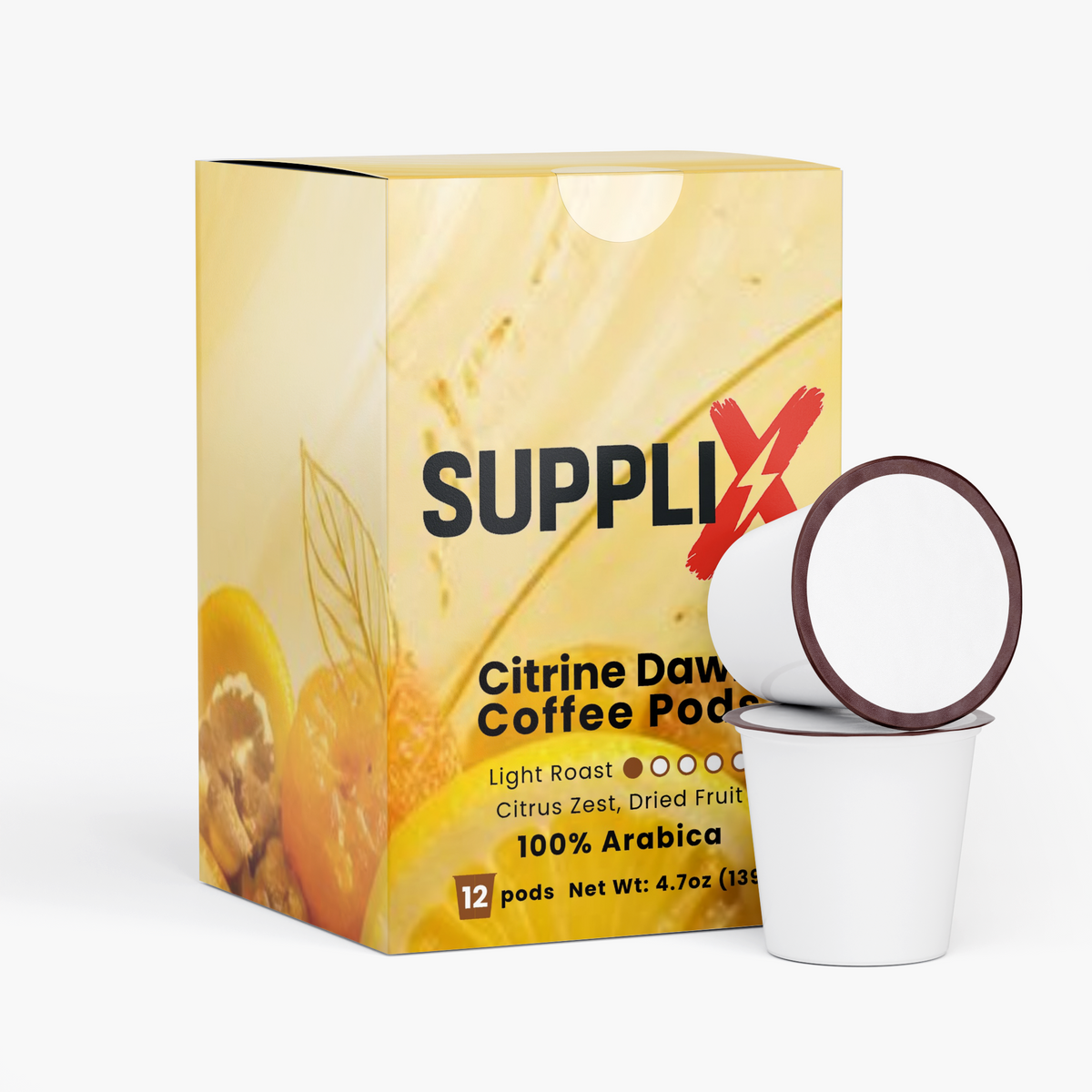 SUPPLI-X Citrine Dawn 100% Arabica single-serve coffee pod with box