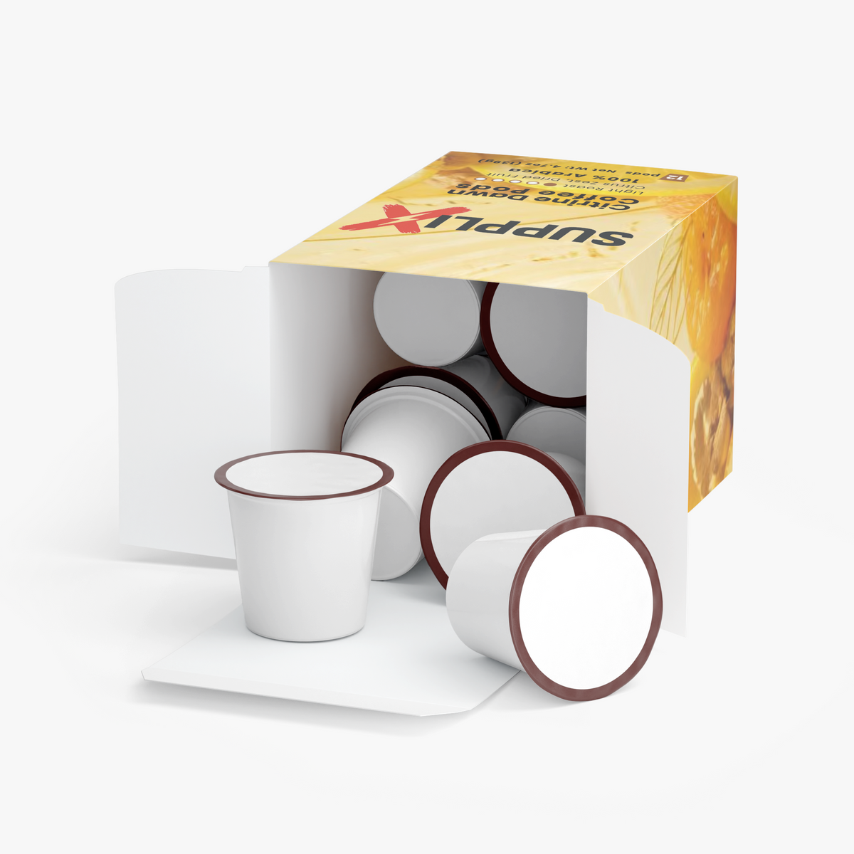 SUPPLI-X Citrine Dawn coffee pods box with 12 single-serve pods