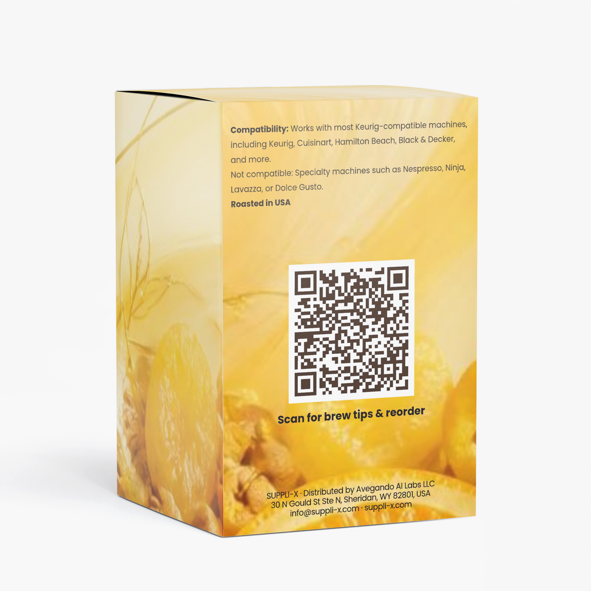SUPPLI-X Citrine Dawn coffee pods box back with QR code and brewer compatibility
