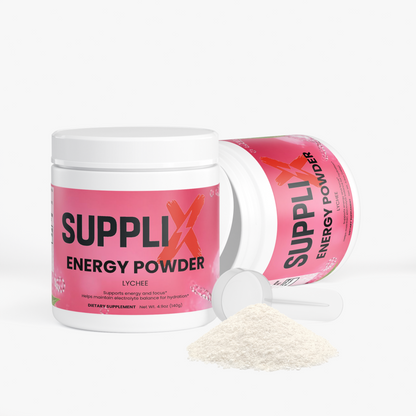 SUPPLI-X Energy Powder Lychee jars with scoop, electrolytes and B-vitamins