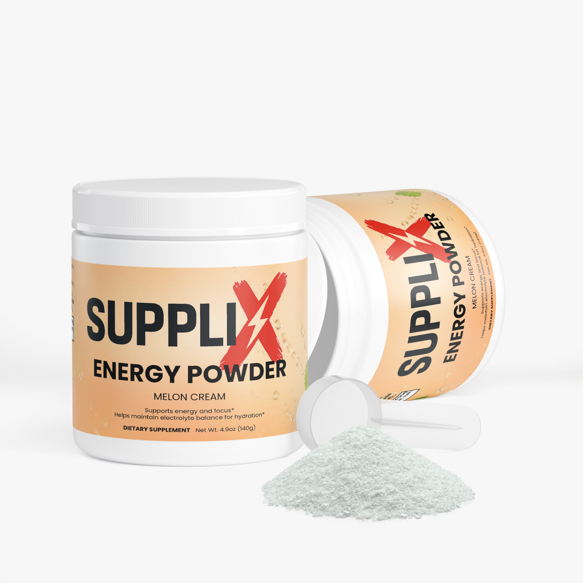 SUPPLI-X Energy Powder Melon Cream jars with scoop, electrolytes and B-vitamins