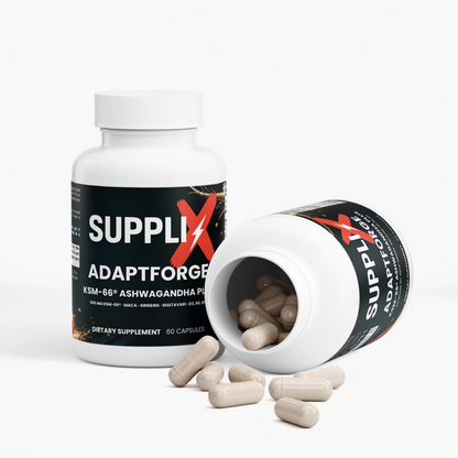SUPPLI-X AdaptForge KSM-66 Ashwagandha Plus bottle with loose ashwagandha capsules in front