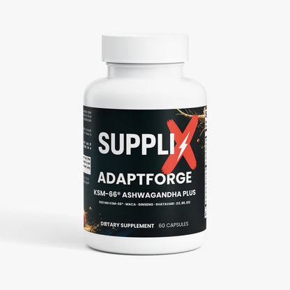 SUPPLI-X AdaptForge KSM-66 Ashwagandha Plus bottle, 600 mg KSM-66 with maca, ginseng and vitamin D3, 60 capsules, front view