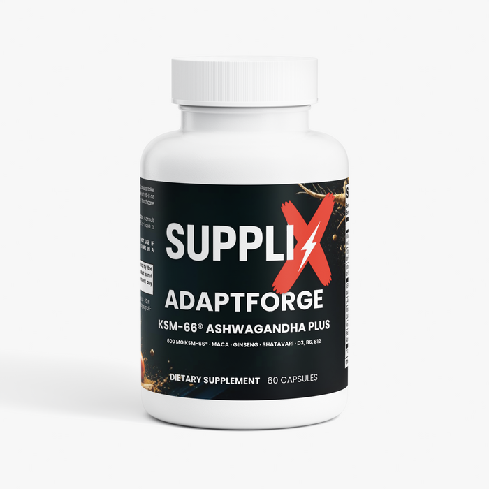 SUPPLI-X AdaptForge KSM-66 Ashwagandha Plus bottle, 600 mg KSM-66 with maca, ginseng and vitamin D3, 60 capsules, front view