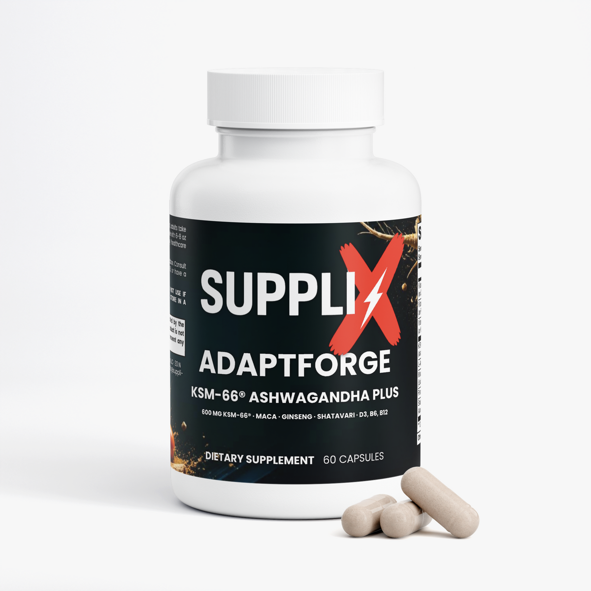 SUPPLI-X AdaptForge KSM-66 Ashwagandha Plus bottle, side view with label and ingredient details