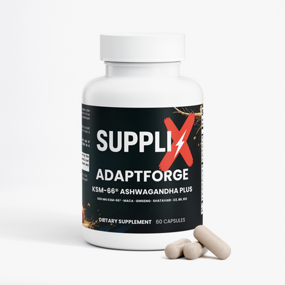 SUPPLI-X AdaptForge KSM-66 Ashwagandha Plus bottle, side view with label and ingredient details