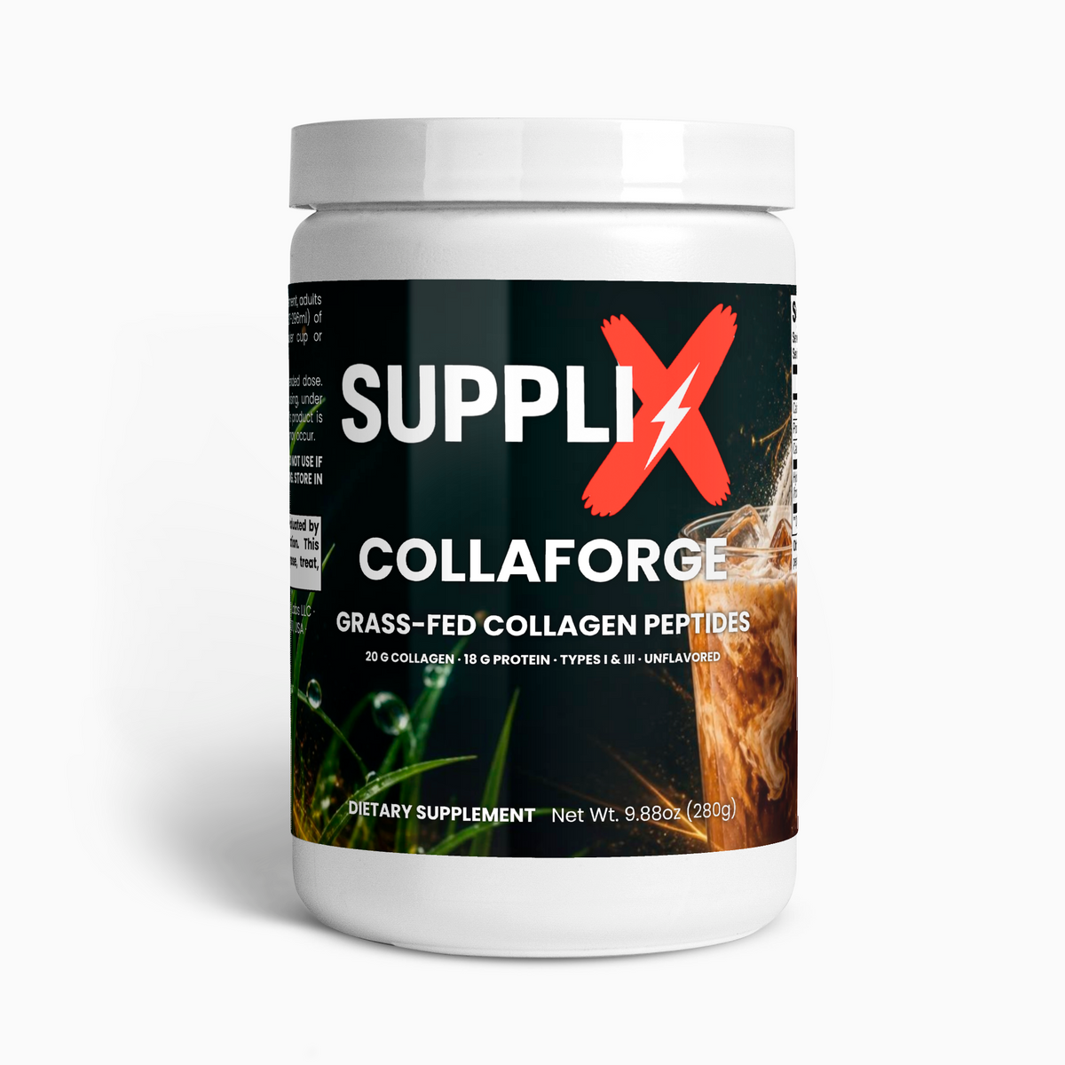 SUPPLI-X CollaForge Grass-Fed Collagen Peptides container with scoop